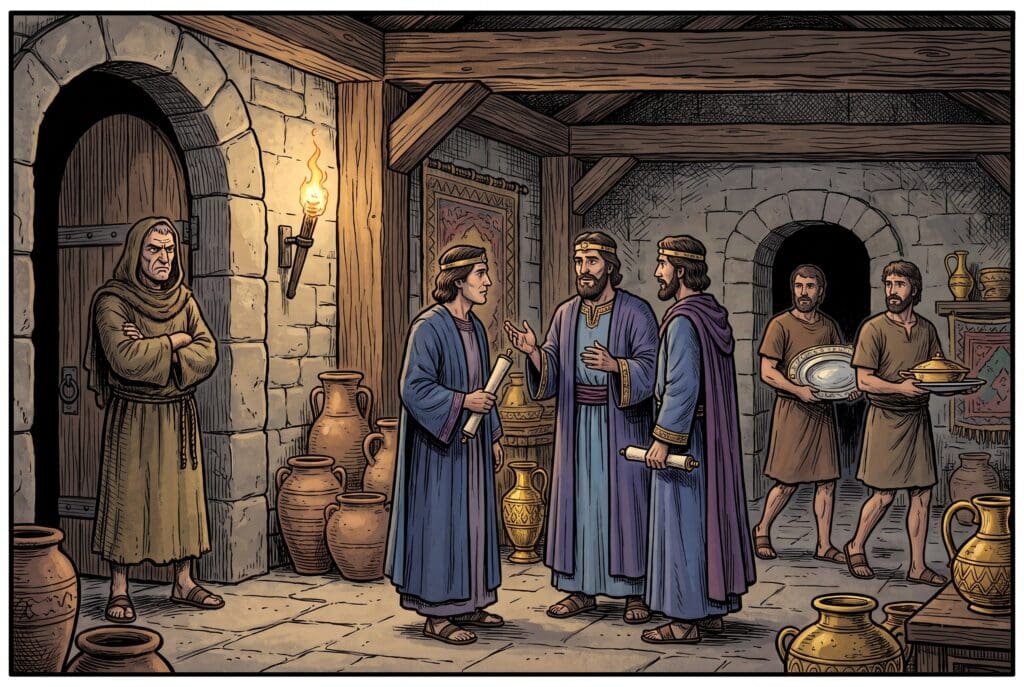 Comic book style illustration depicting a scene from 2 Chronicles chapter 16
