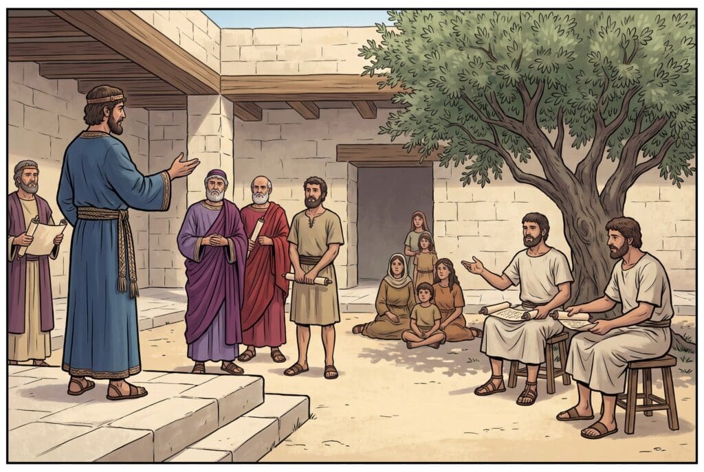 Comic book style illustration depicting a scene from 2 Chronicles chapter 17