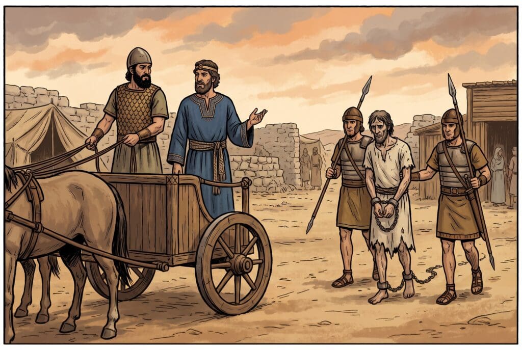 Comic book style illustration depicting a scene from 2 Chronicles chapter 18