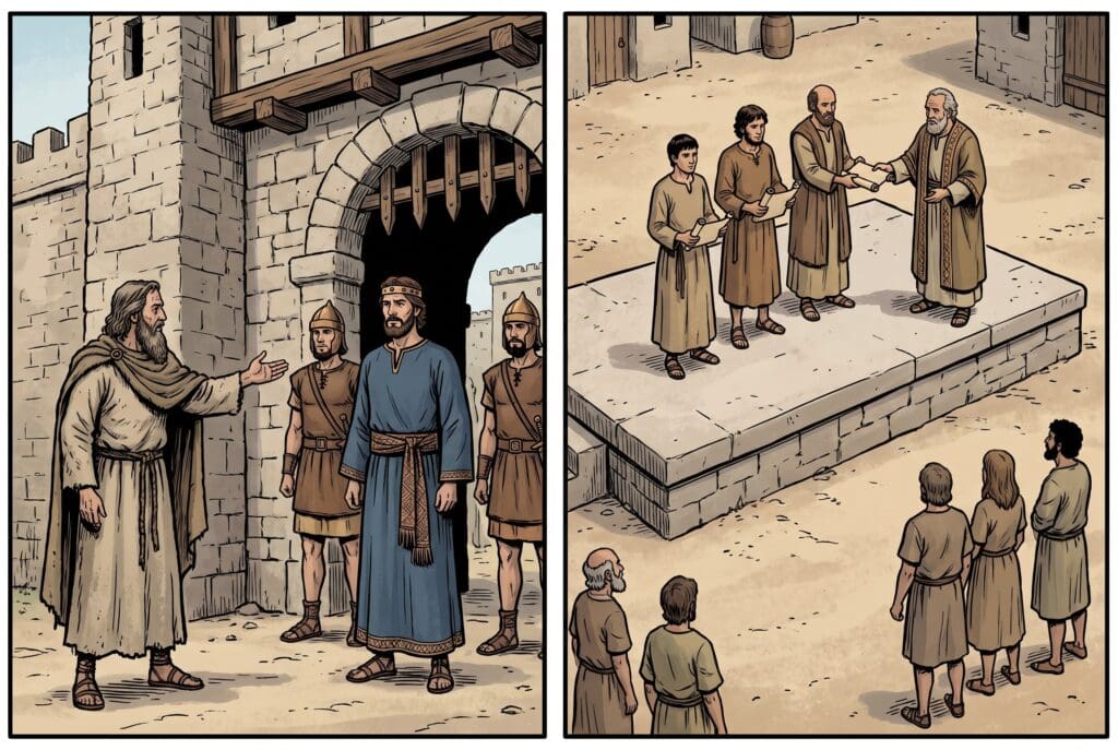 Comic book style illustration depicting a scene from 2 Chronicles chapter 19