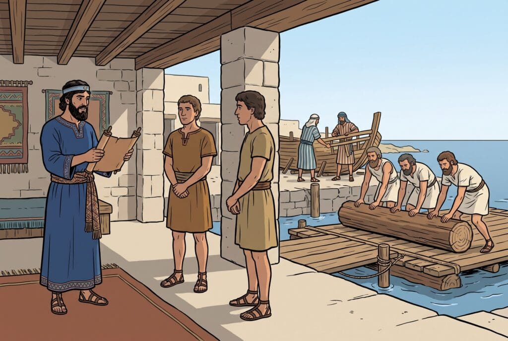 Comic book style illustration depicting a scene from 2 Chronicles chapter 2
