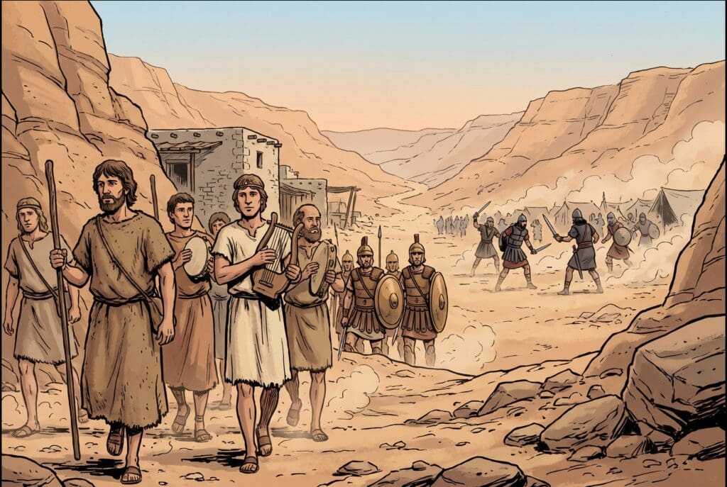 Comic book style illustration depicting a scene from 2 Chronicles chapter 20