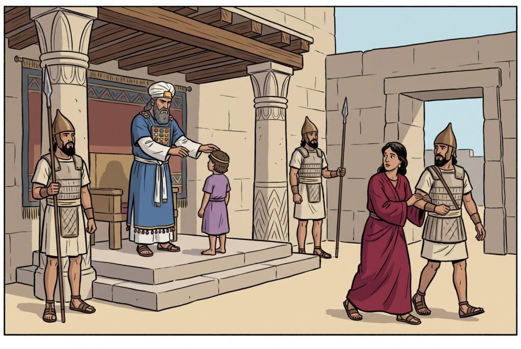 Comic book style illustration depicting a scene from 2 Chronicles chapter 23