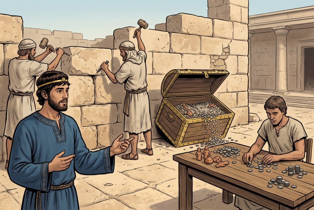 Comic book style illustration depicting a scene from 2 Chronicles chapter 24