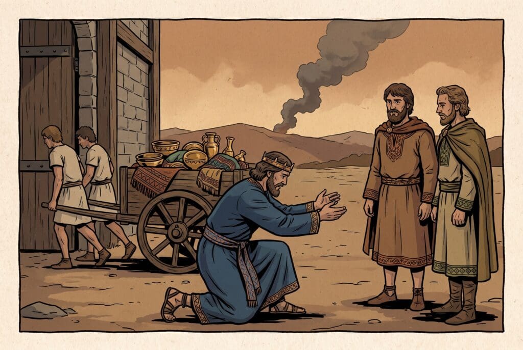 Comic book style illustration depicting a scene from 2 Chronicles chapter 28