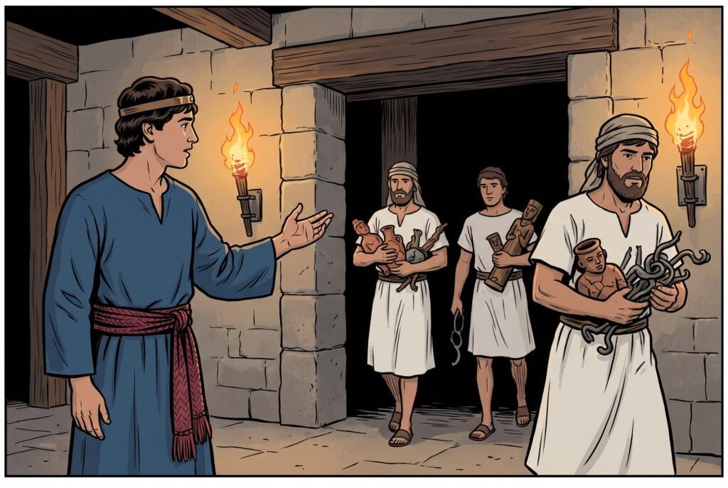 Comic book style illustration depicting a scene from 2 Chronicles chapter 29