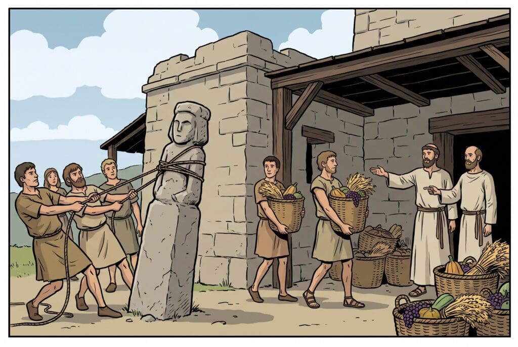 Comic book style illustration depicting a scene from 2 Chronicles chapter 31
