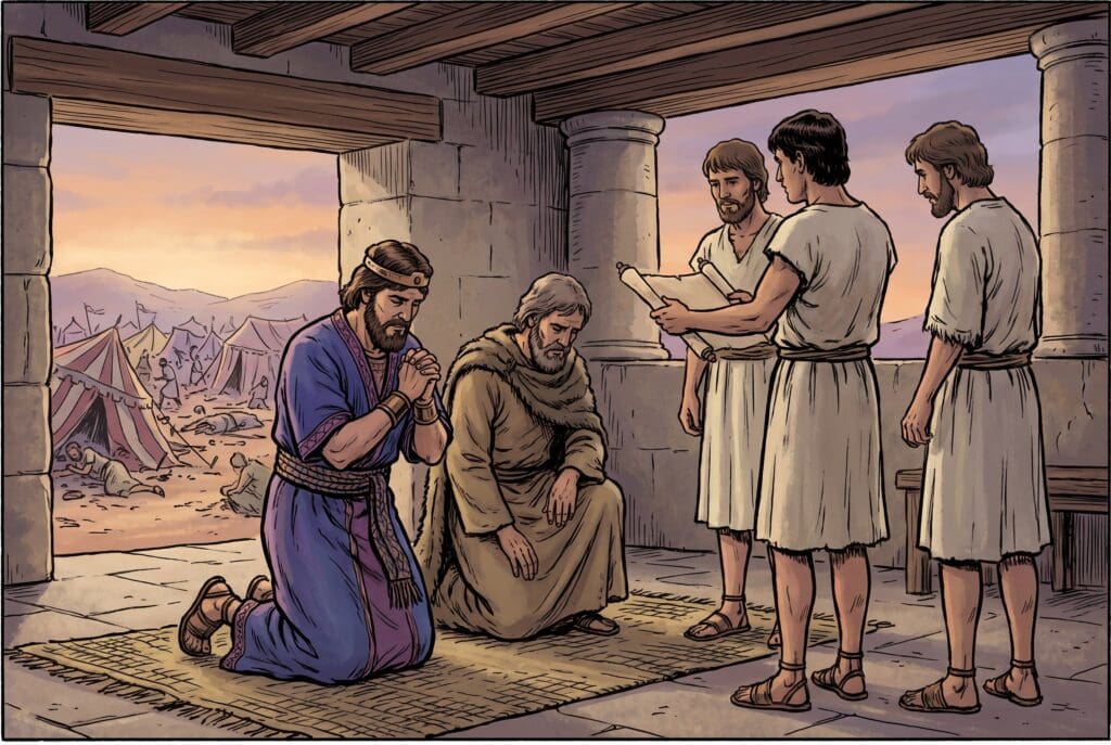 Comic book style illustration depicting a scene from 2 Chronicles chapter 32