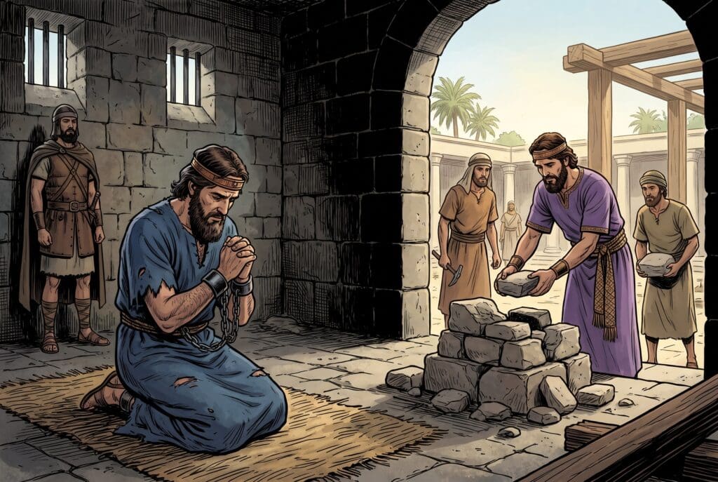 Comic book style illustration depicting a scene from 2 Chronicles chapter 33