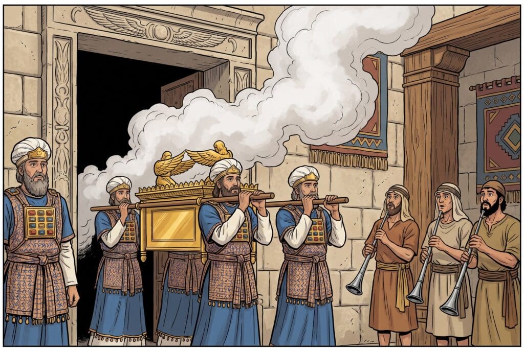 Comic book style illustration depicting a scene from 2 Chronicles chapter 5