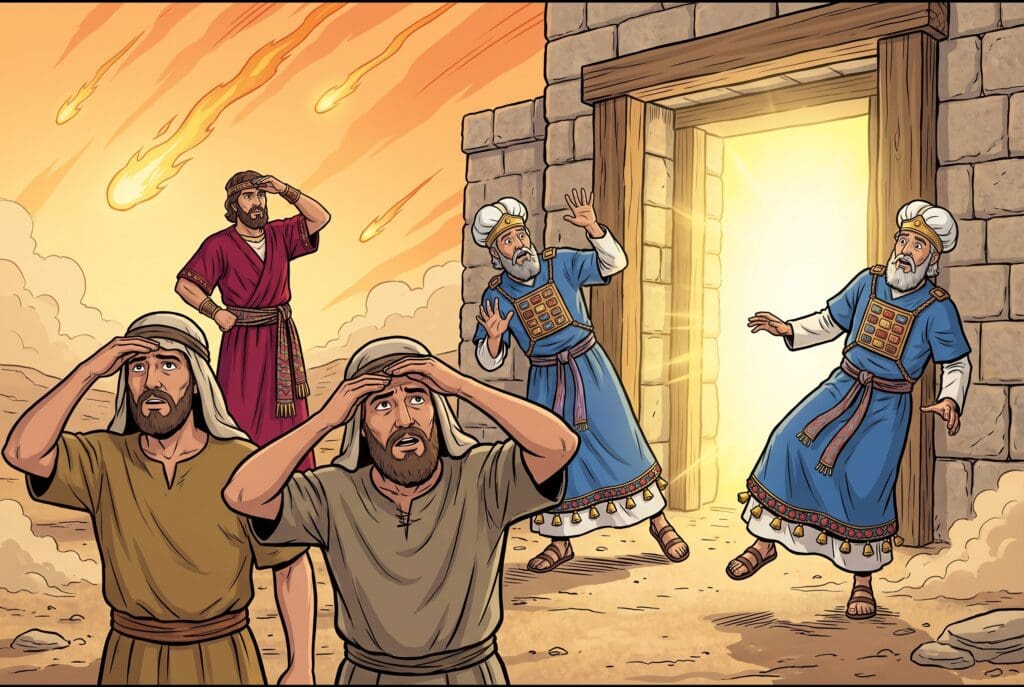 Comic book style illustration depicting a scene from 2 Chronicles chapter 7