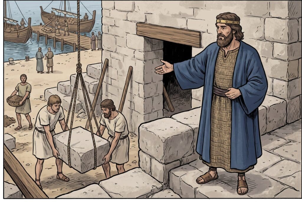 Comic book style illustration depicting a scene from 2 Chronicles chapter 8