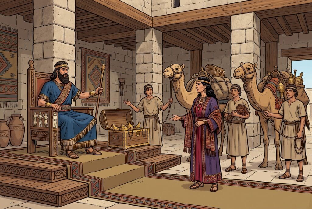 Comic book style illustration depicting a scene from 2 Chronicles chapter 9