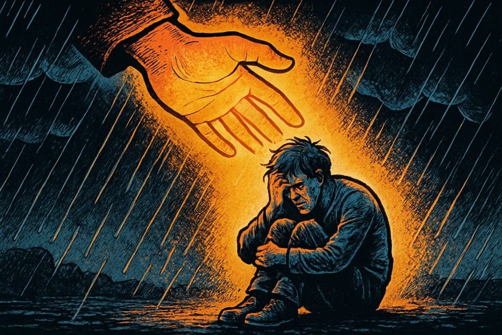 Comic book style illustration depicting a scene from 2 Corinthians chapter 1