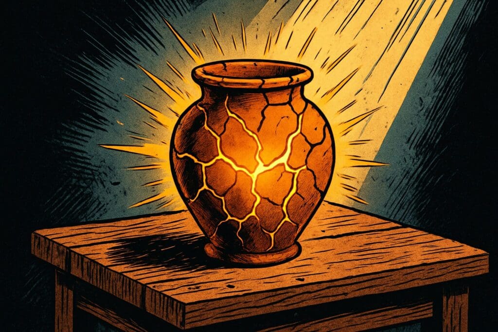 Comic book style illustration depicting a scene from 2 Corinthians chapter 4