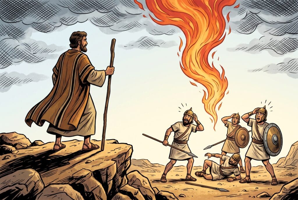 Comic book style illustration depicting a scene from 2 Kings chapter 1