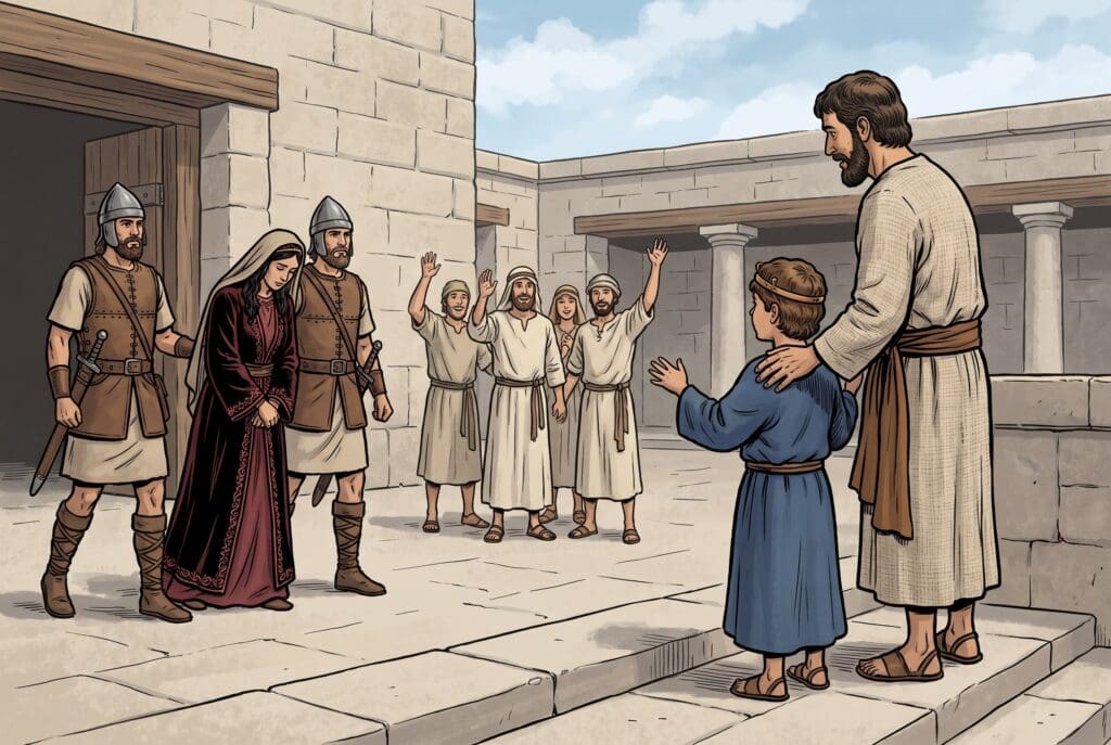 Comic book style illustration depicting a scene from 2 Kings chapter 11