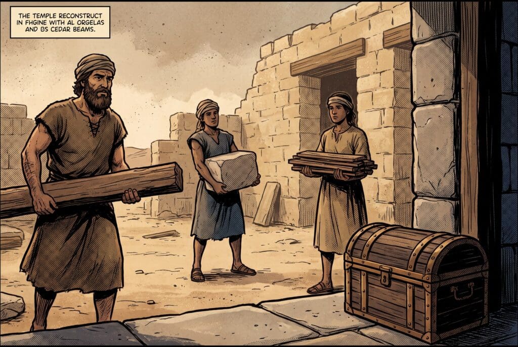 Comic book style illustration depicting a scene from 2 Kings chapter 12