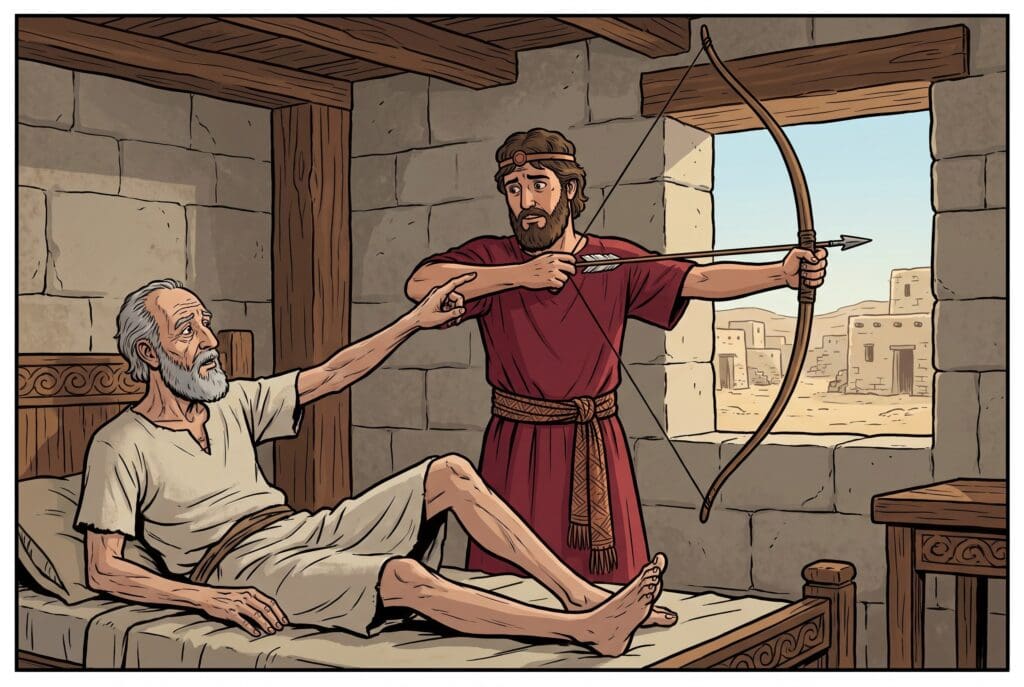 Comic book style illustration depicting a scene from 2 Kings chapter 13