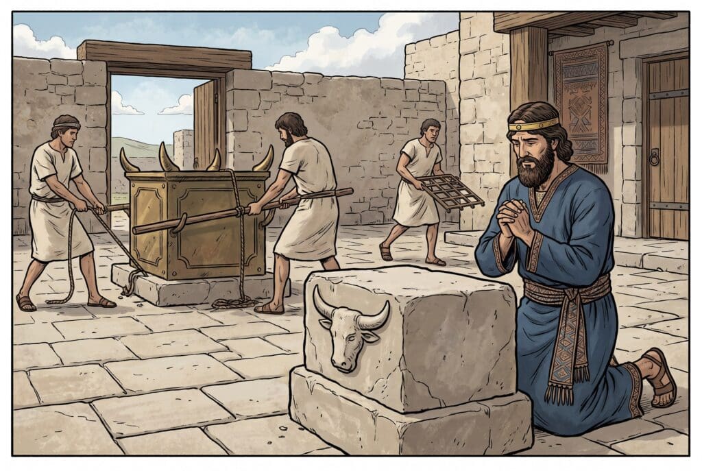 Comic book style illustration depicting a scene from 2 Kings chapter 16