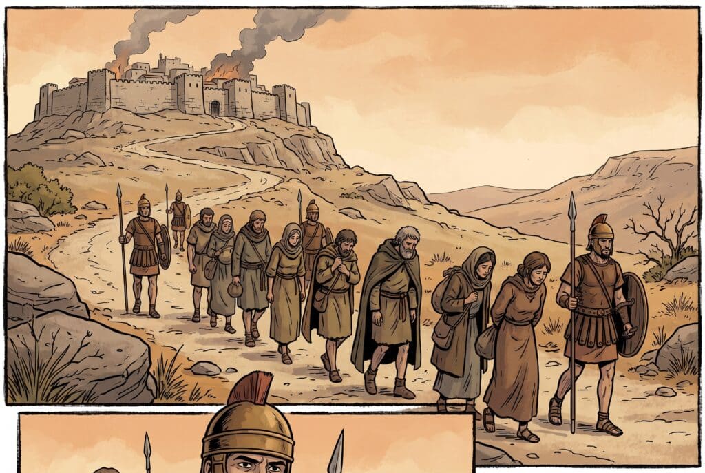 Comic book style illustration depicting a scene from 2 Kings chapter 17