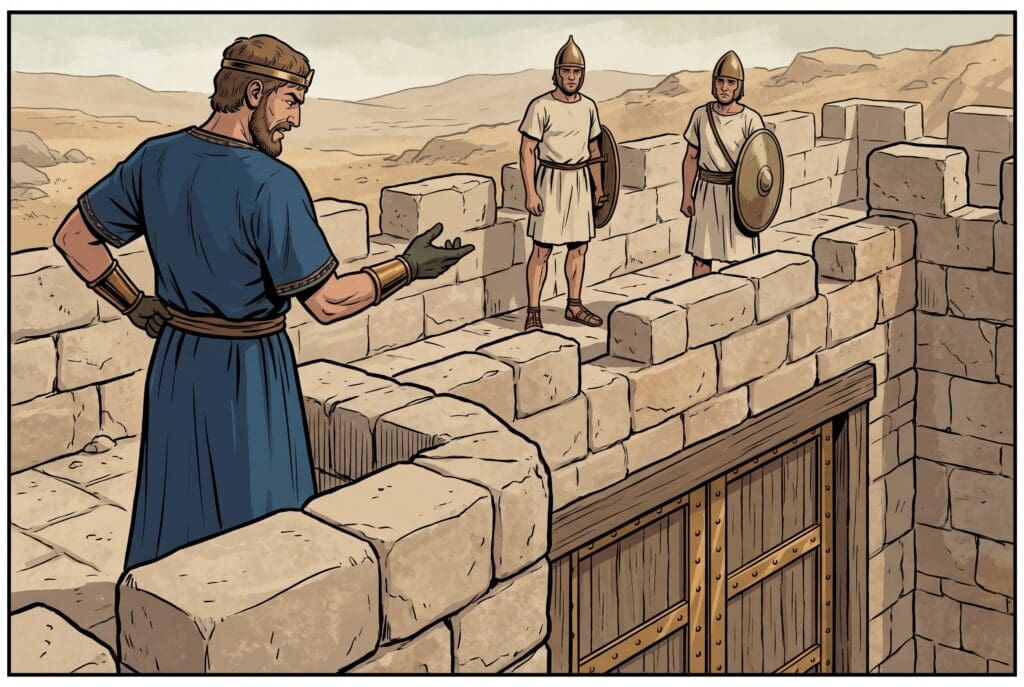 Comic book style illustration depicting a scene from 2 Kings chapter 18
