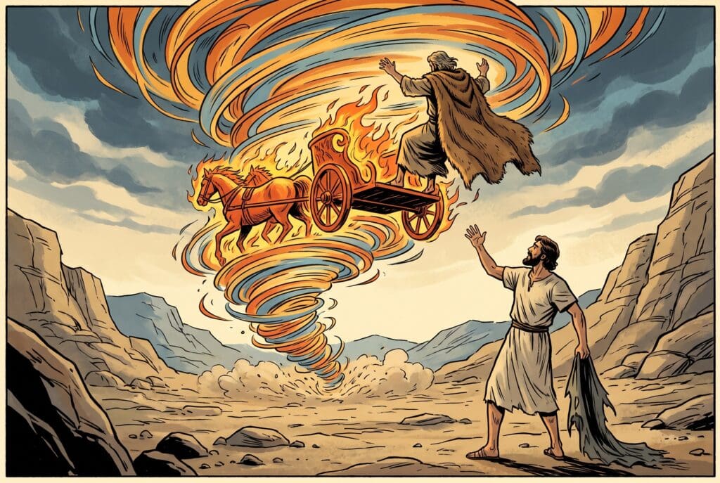 Comic book style illustration depicting a scene from 2 Kings chapter 2