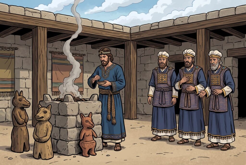 Comic book style illustration depicting a scene from 2 Kings chapter 21