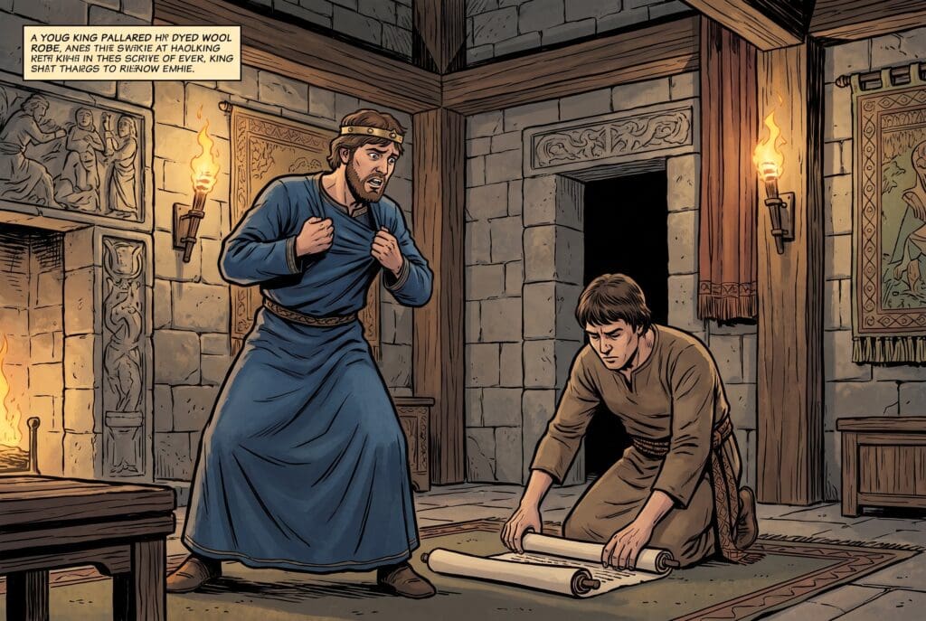 Comic book style illustration depicting a scene from 2 Kings chapter 22