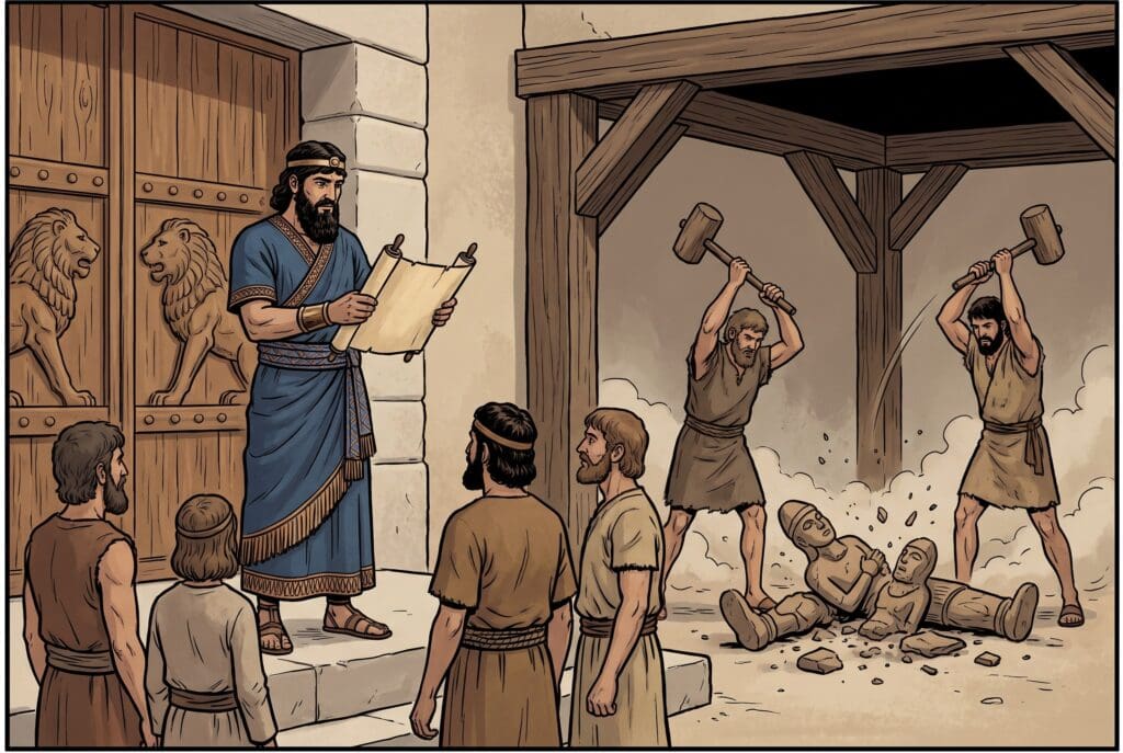 Comic book style illustration depicting a scene from 2 Kings chapter 23