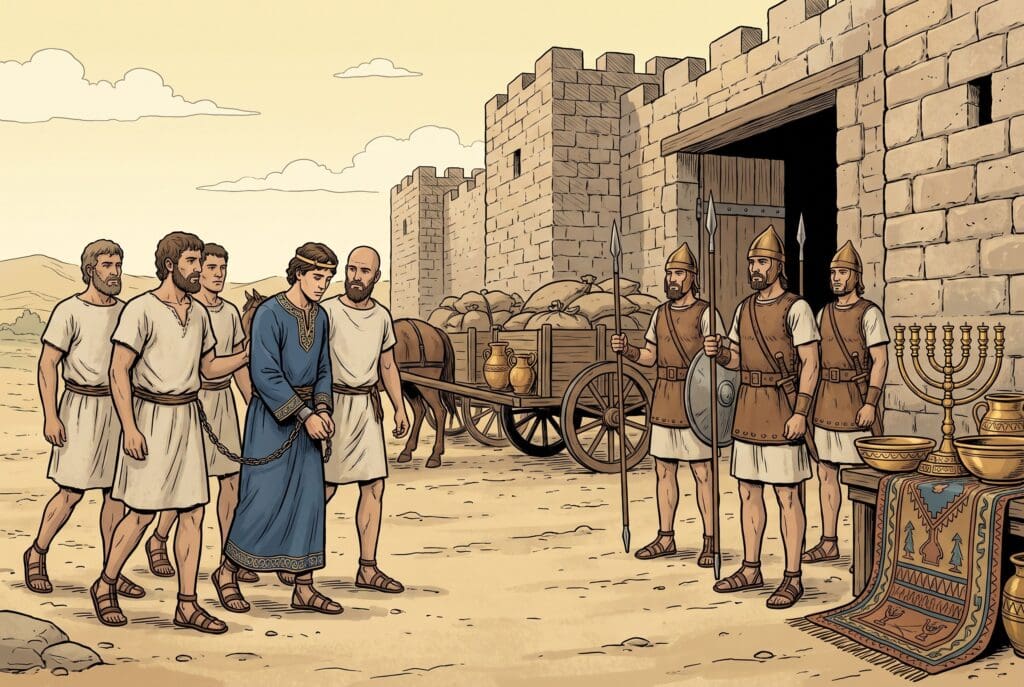 Comic book style illustration depicting a scene from 2 Kings chapter 24