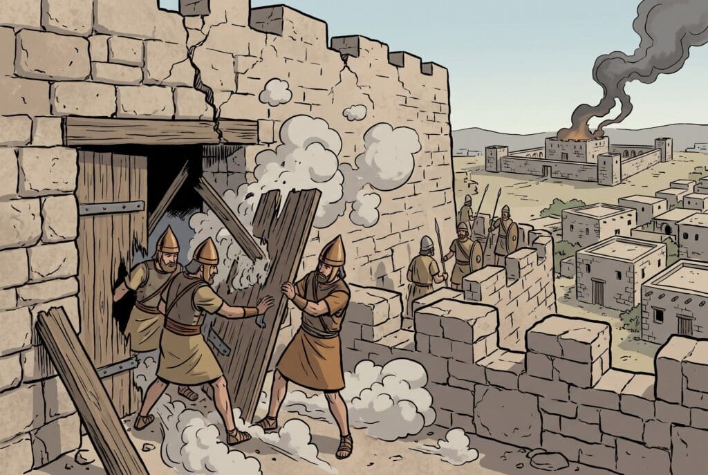 Comic book style illustration depicting a scene from 2 Kings chapter 25