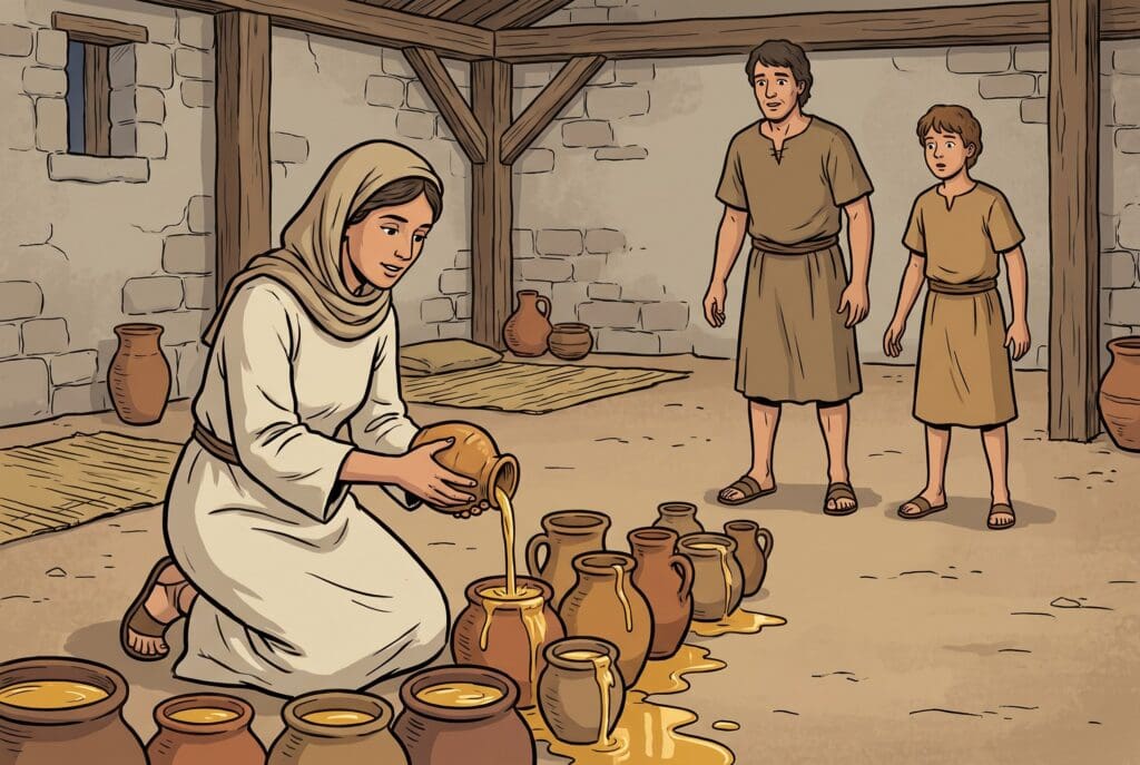 Comic book style illustration depicting a scene from 2 Kings chapter 4