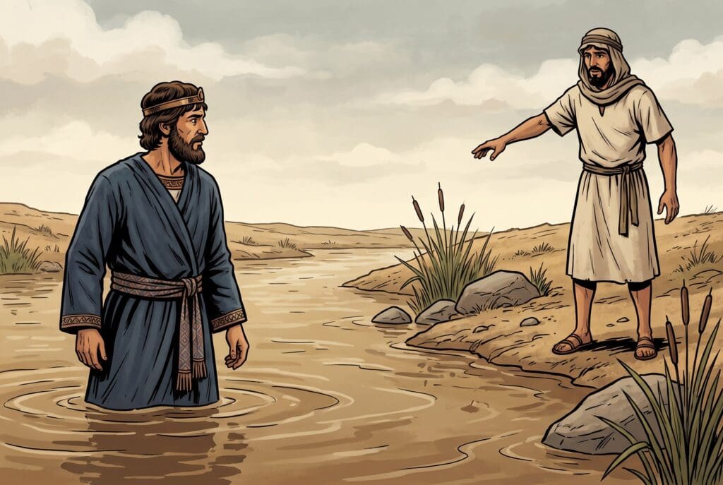 Comic book style illustration depicting a scene from 2 Kings chapter 5