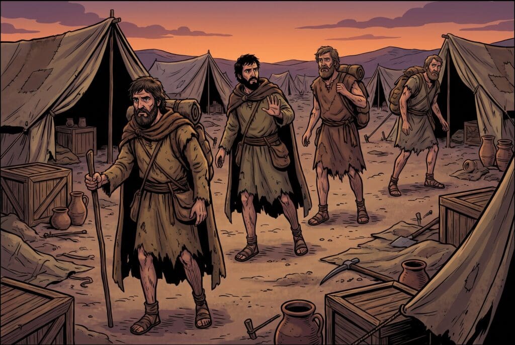 Comic book style illustration depicting a scene from 2 Kings chapter 7