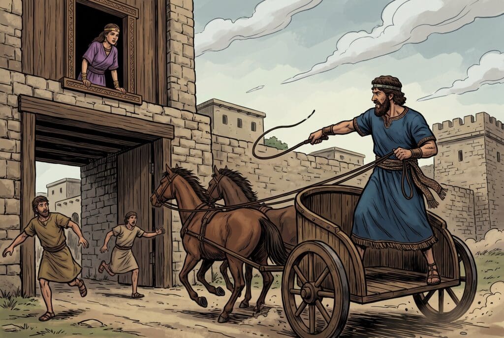 Comic book style illustration depicting a scene from 2 Kings chapter 9