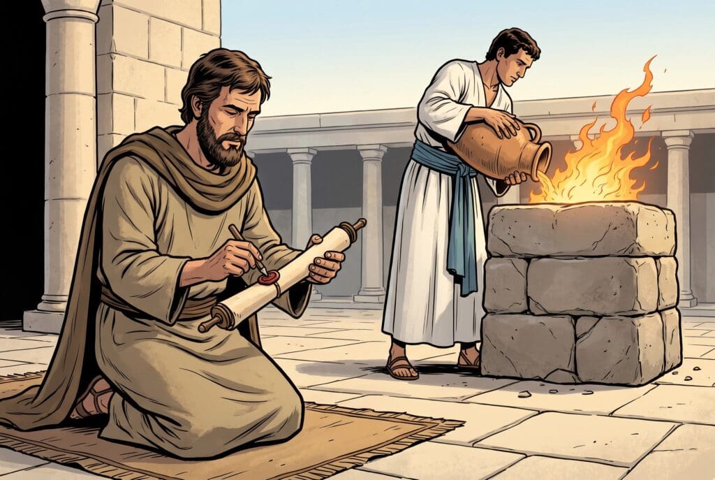 Comic book style illustration depicting a scene from 2 Maccabees chapter 1
