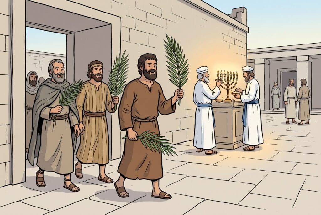 Comic book style illustration depicting a scene from 2 Maccabees chapter 10