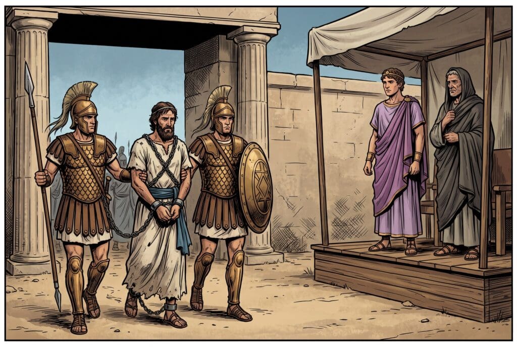 Comic book style illustration depicting a scene from 2 Maccabees chapter 13
