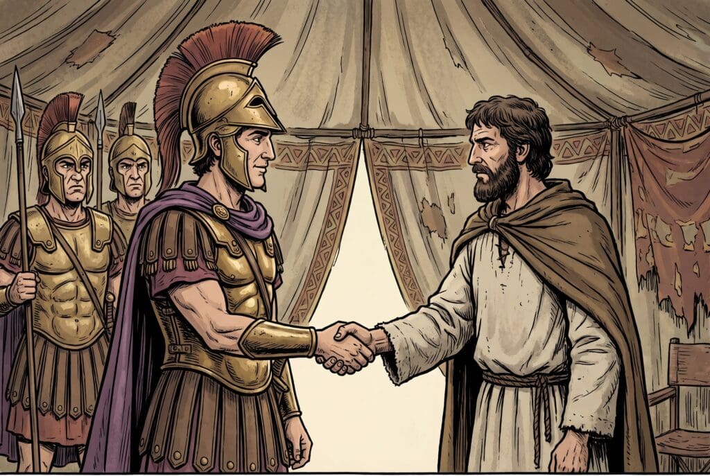 Comic book style illustration depicting a scene from 2 Maccabees chapter 14