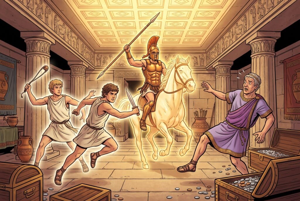 Comic book style illustration depicting a scene from 2 Maccabees chapter 3