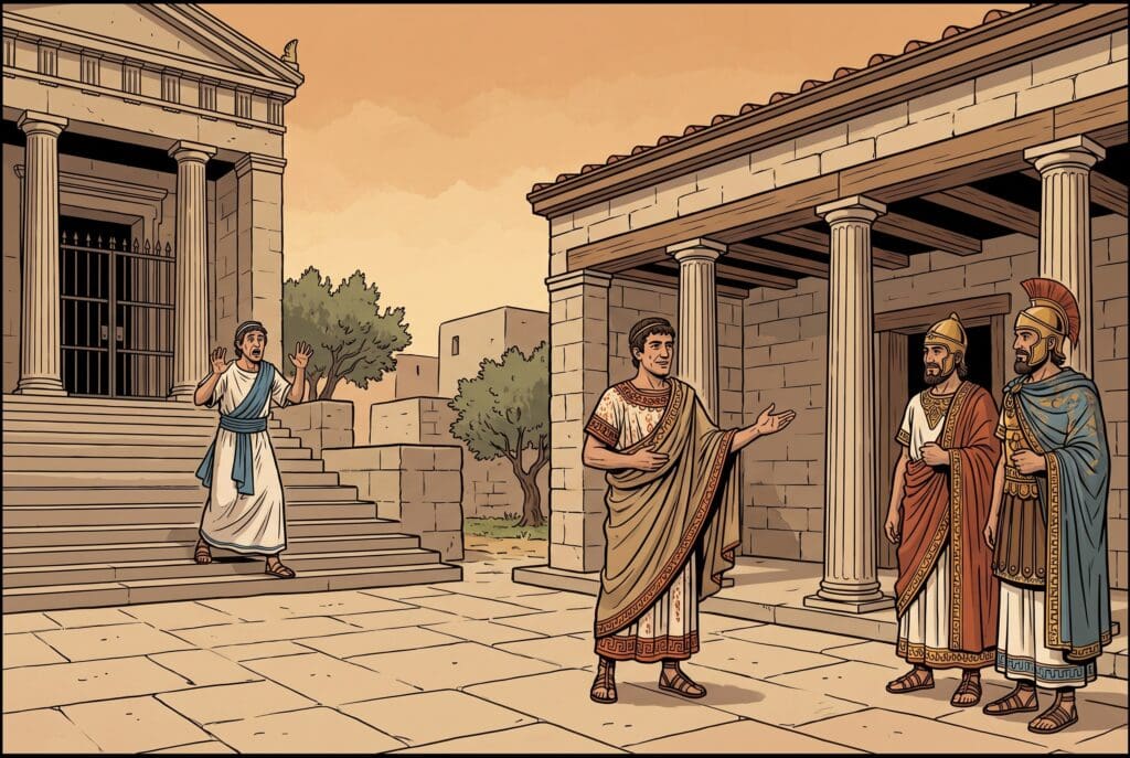 Comic book style illustration depicting a scene from 2 Maccabees chapter 4