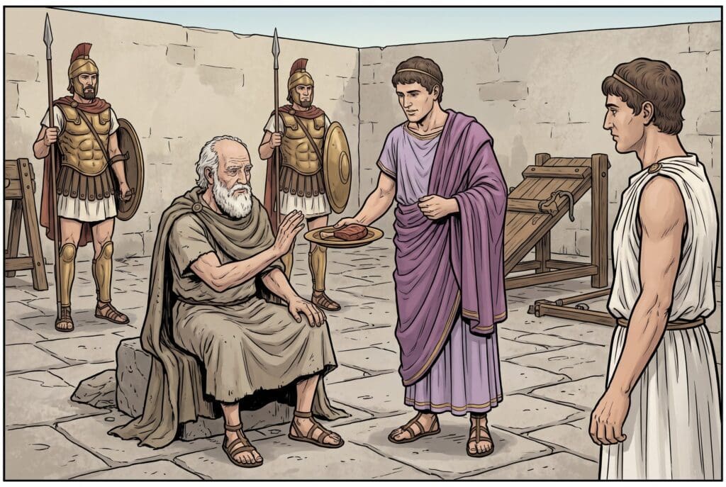 Comic book style illustration depicting a scene from 2 Maccabees chapter 6