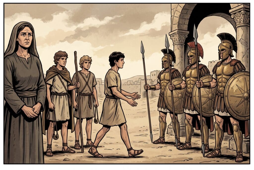 Comic book style illustration depicting a scene from 2 Maccabees chapter 7