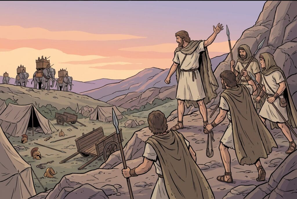 Comic book style illustration depicting a scene from 2 Maccabees chapter 8