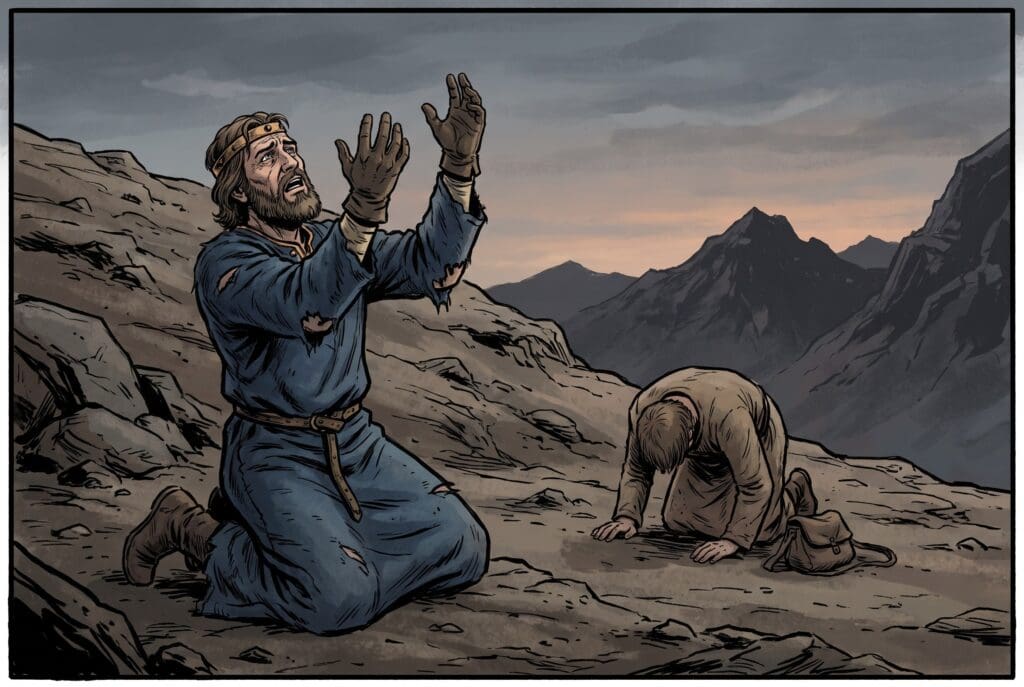 Comic book style illustration depicting a scene from 2 Samuel chapter 1