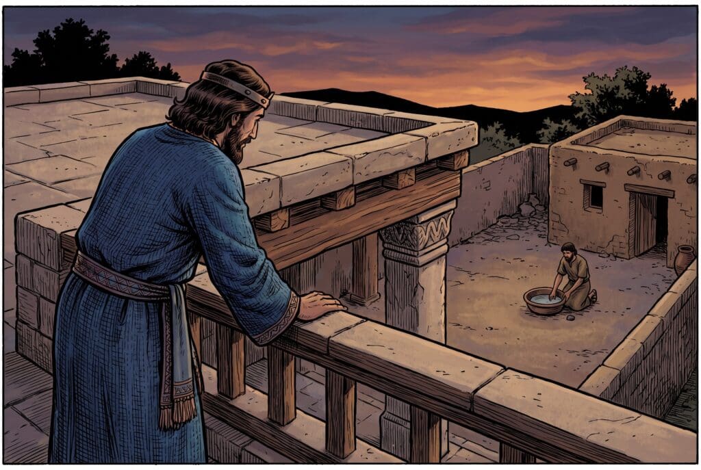 Comic book style illustration depicting a scene from 2 Samuel chapter 11