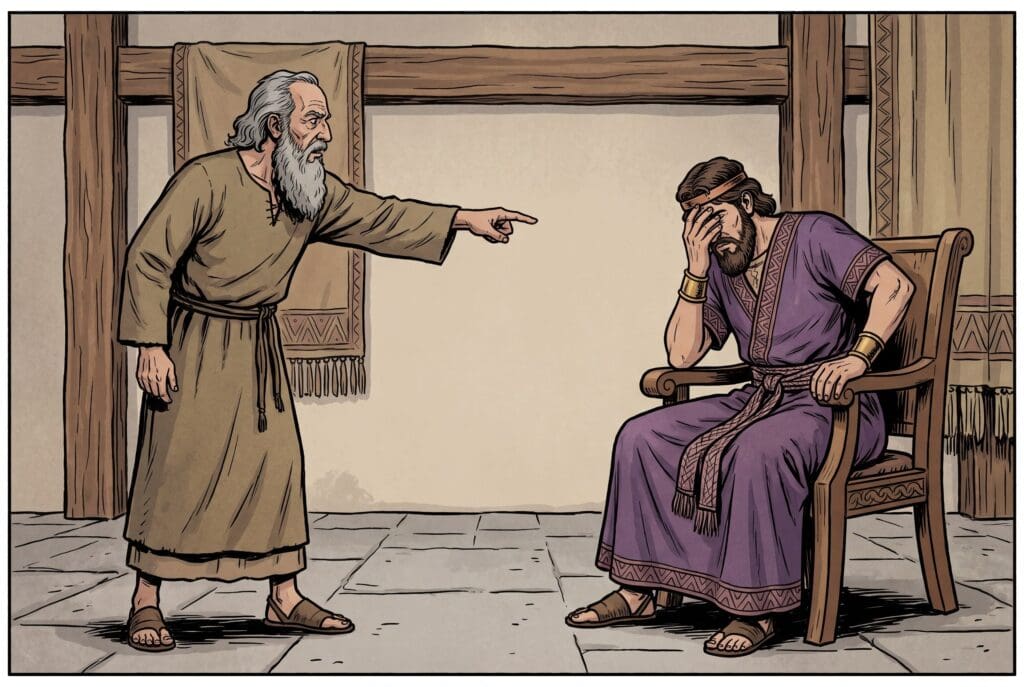 Comic book style illustration depicting a scene from 2 Samuel chapter 12