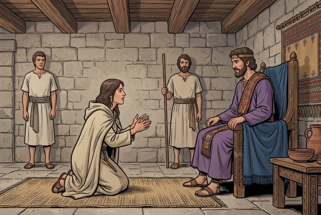 Comic book style illustration depicting a scene from 2 Samuel chapter 14
