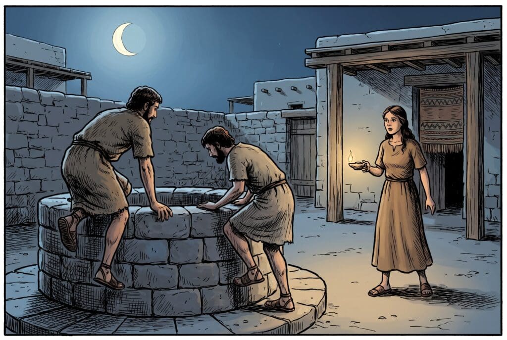 Comic book style illustration depicting a scene from 2 Samuel chapter 17